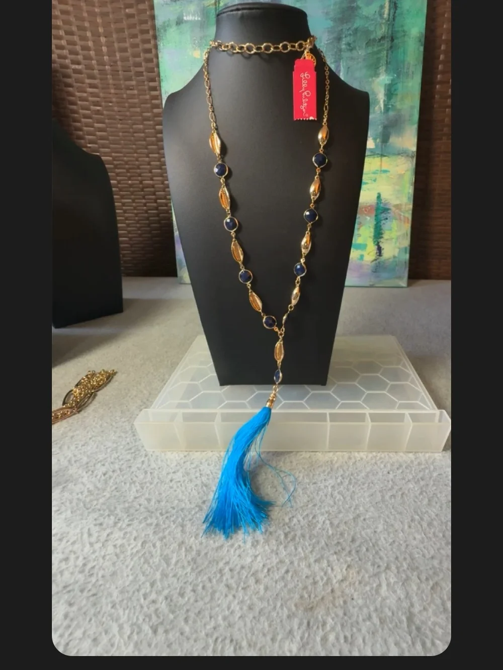 Lilly Pulitzer necklace features a vibrant blue tassel & gold-tone chain - NWT